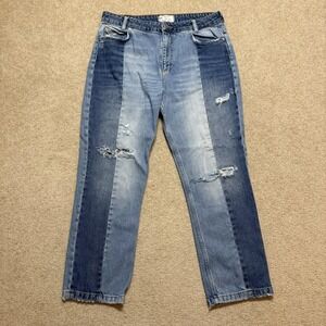 Free People Jeans SZ 28‎ 32x26 Straight Leg Two Tone Patchwork Distressed Denim